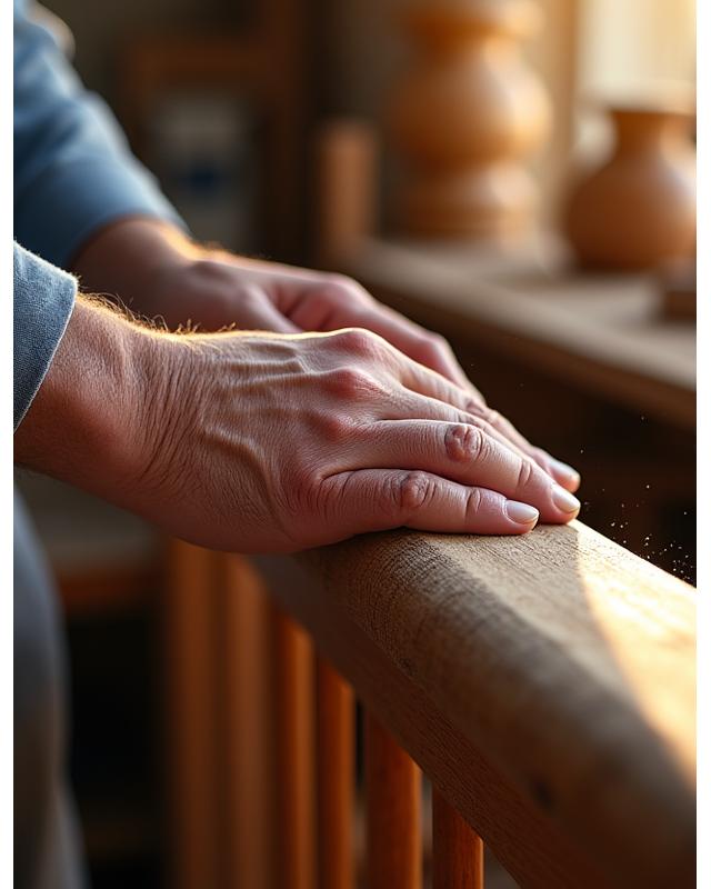 Artisan's hands meticulously working on a wooden staircase component, symbolizing two decades of expertise.