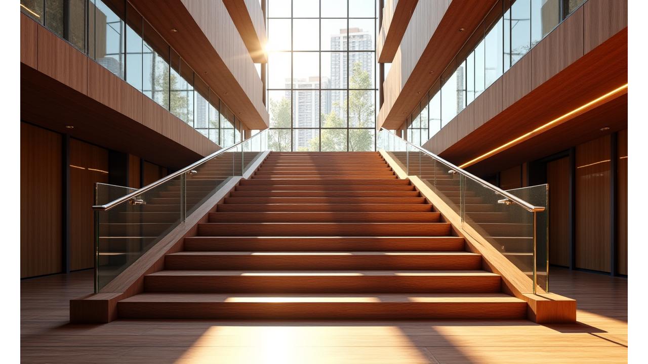 Wide shot of a magnificent modern wooden staircase ascending through a light-filled commercial atrium, showcasing both grandeur and intricate craftsmanship.